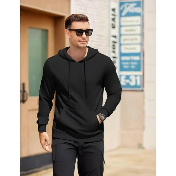 Coofandy Men Black Pullover Long Sleeve Drawstring Gym Hoodies Sweatshirt - Picture 3 of 5